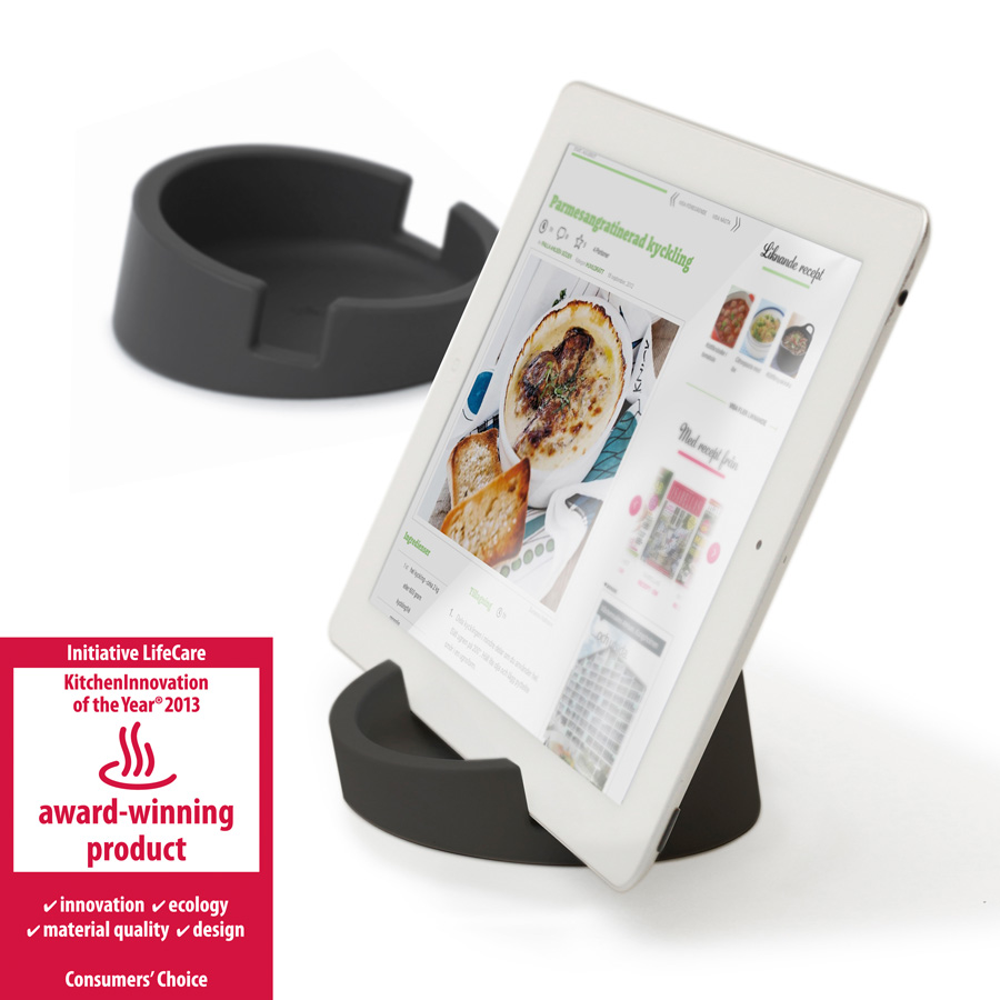 Kitchen Tablet Stand. Cookbook stand for iPad/tablet PC - Black. ø11,4 cm, 4,5 cm high. Silicone - 4
