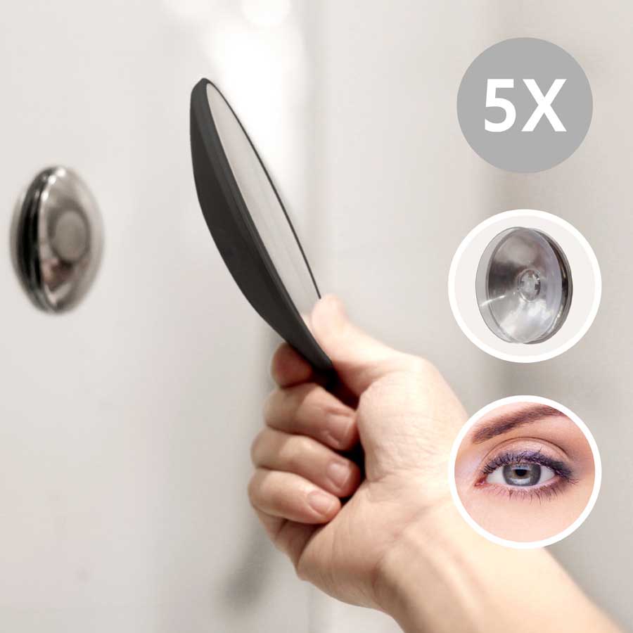 Detachable Make-up Mirror X5. AirMirror™. Black. Hidden suction cup fitting. Magnetic fastener. ø 11,2 cm, 1,4 cm depth. Glass. Silicone - 1