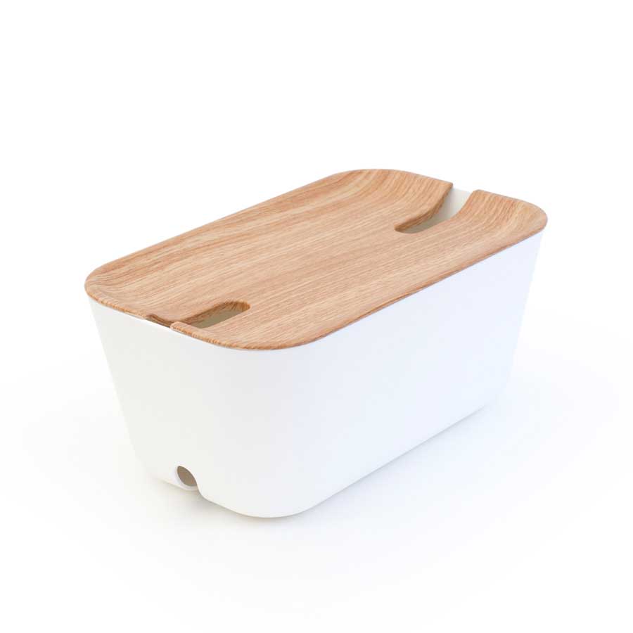 Cable Organiser Hideaway M White / Natural wood decor. Plastic, silicone