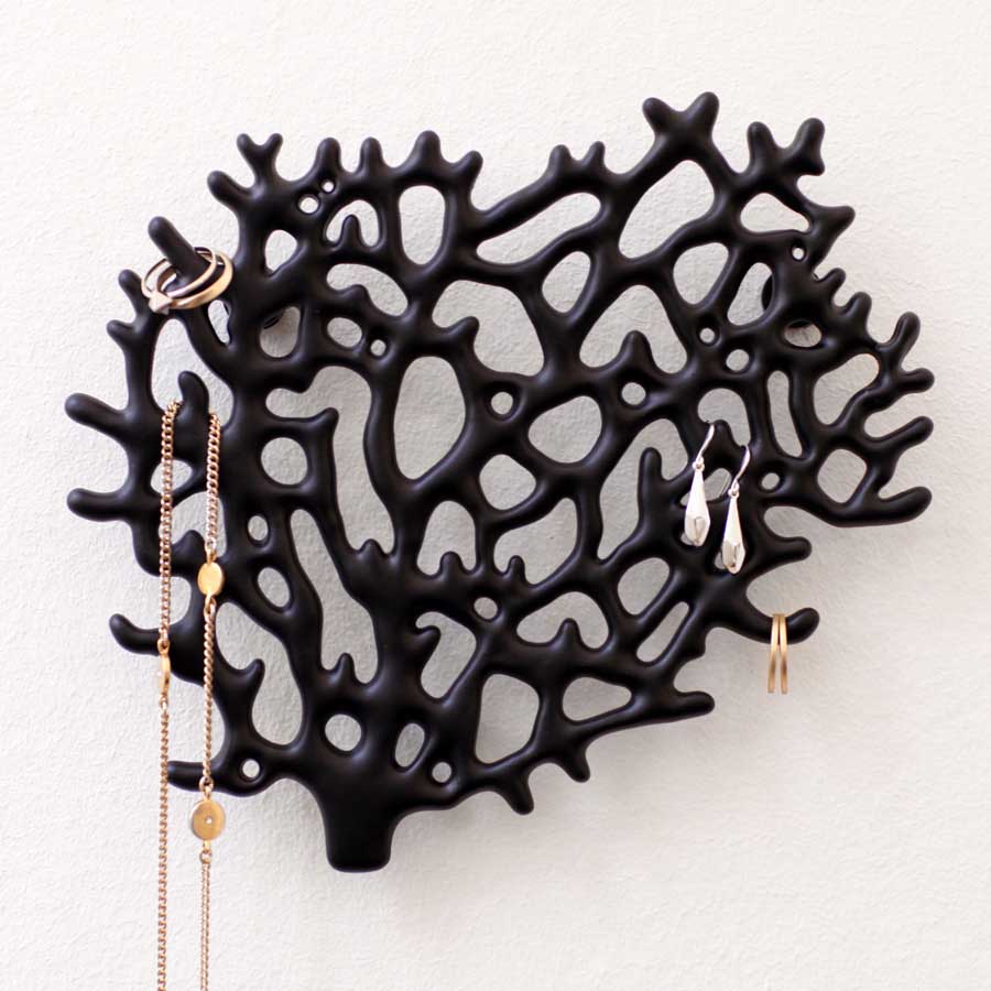 Wall mount Coral Jewelry Organizer Matte black. Lacquered cast zinc