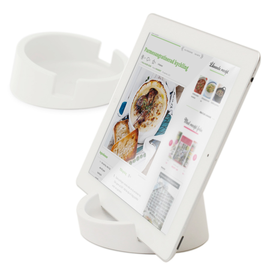 Kitchen Tablet Stand. Cookbook stand for iPad/tablet PC - White. ø11,4 cm, 4,5 cm high. Silicone