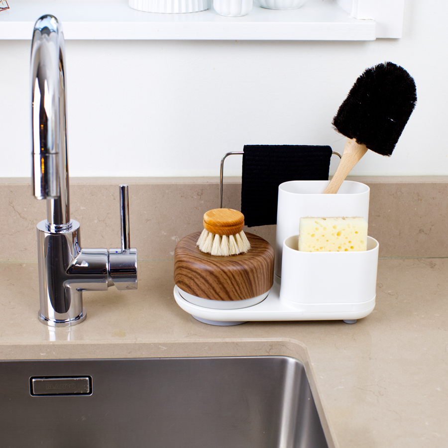 Dish Soap Pump And Sink Organiser Set. Do-Dish™ Caddy PLUS. White. Dark Wood Decor. Plastic. Stainless Steel