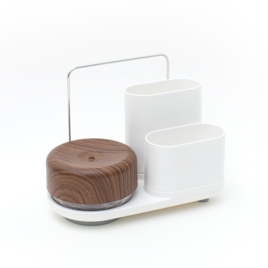 Dish Soap Pump And Sink Organiser Set. Do-Dish™ Caddy PLUS. White. Dark Wood Decor. Plastic. Stainless Steel