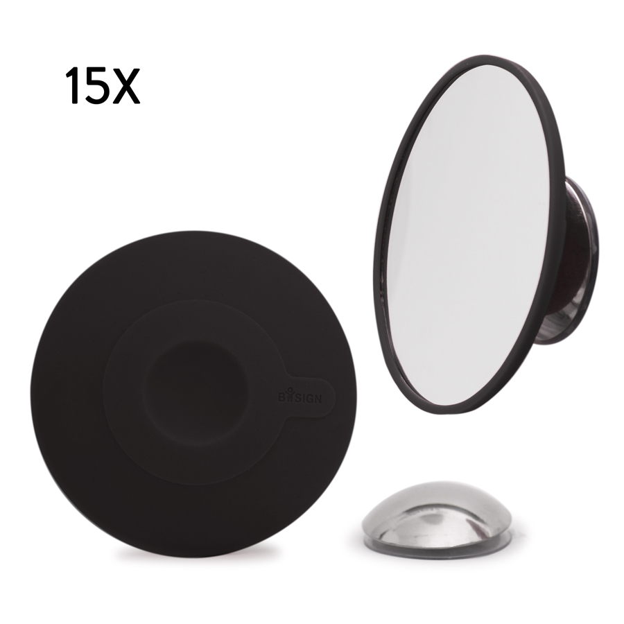 Detachable Make-up Mirror X15. AirMirror™. Black. Hidden suction cup fitting. Magnetic fastener. ø 11,2 cm, 1,4 cm depth. Glass. Silicone