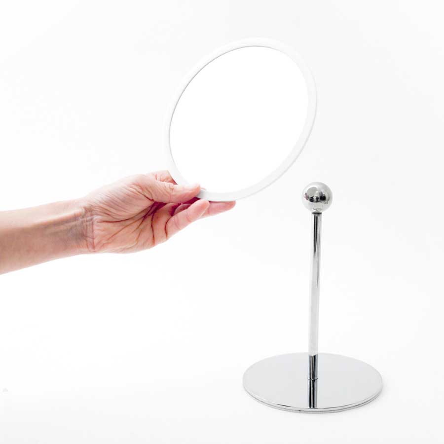 AirMirror™ Table Stand. Detachable Make-up Mirror X15 - Chromed steel base. White mirror. ø 16,5 cm, 3 cm depth. Glass. Silicone - 1